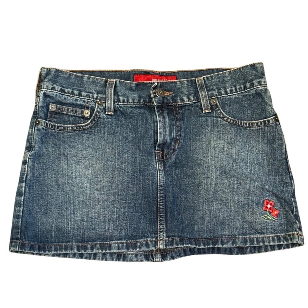 Hollister Denim Mini Skirt Women Blue Cotton Floral Embroidery Made In Brazil
